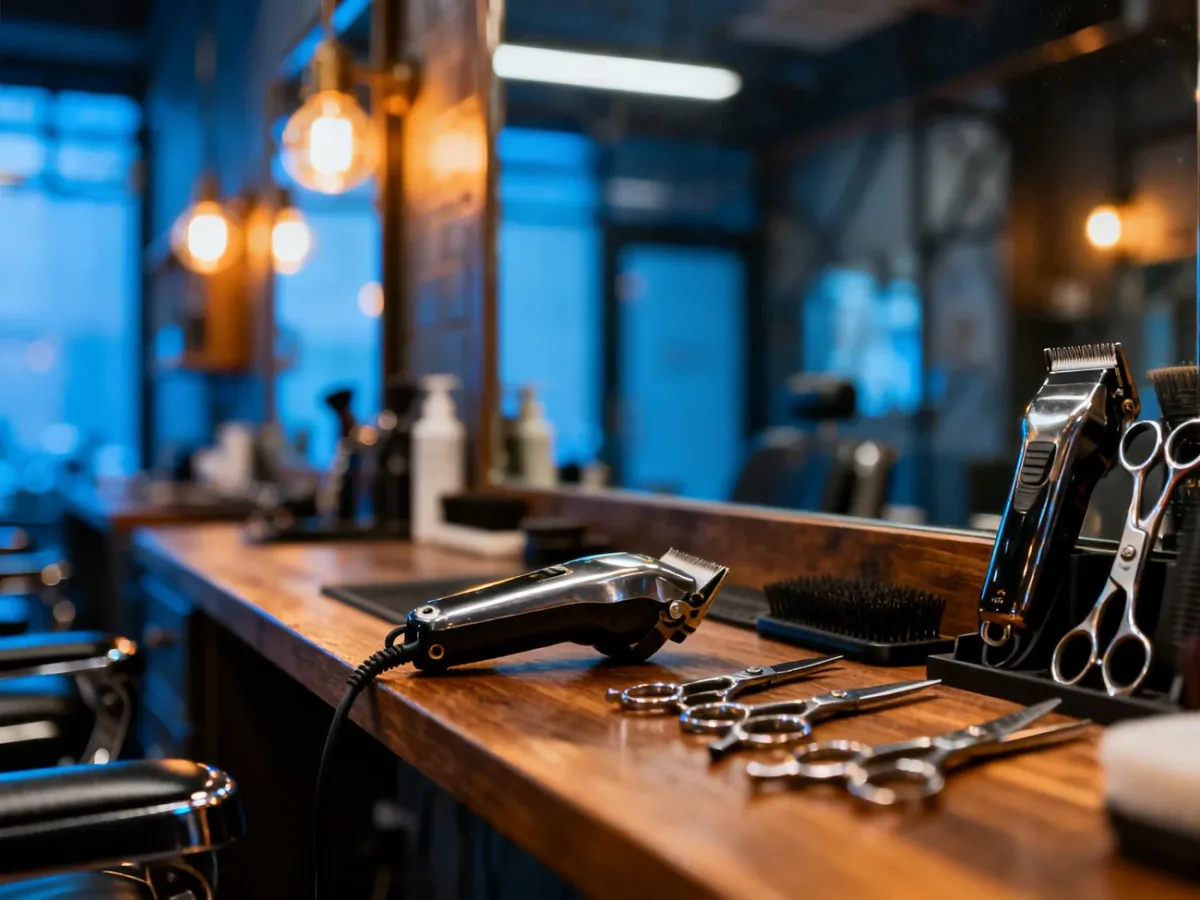 Nowoczesne wnętrze salonu barberskiego z profesjonalnym fotelem i akcesoriami do strzyżenia włosów.
