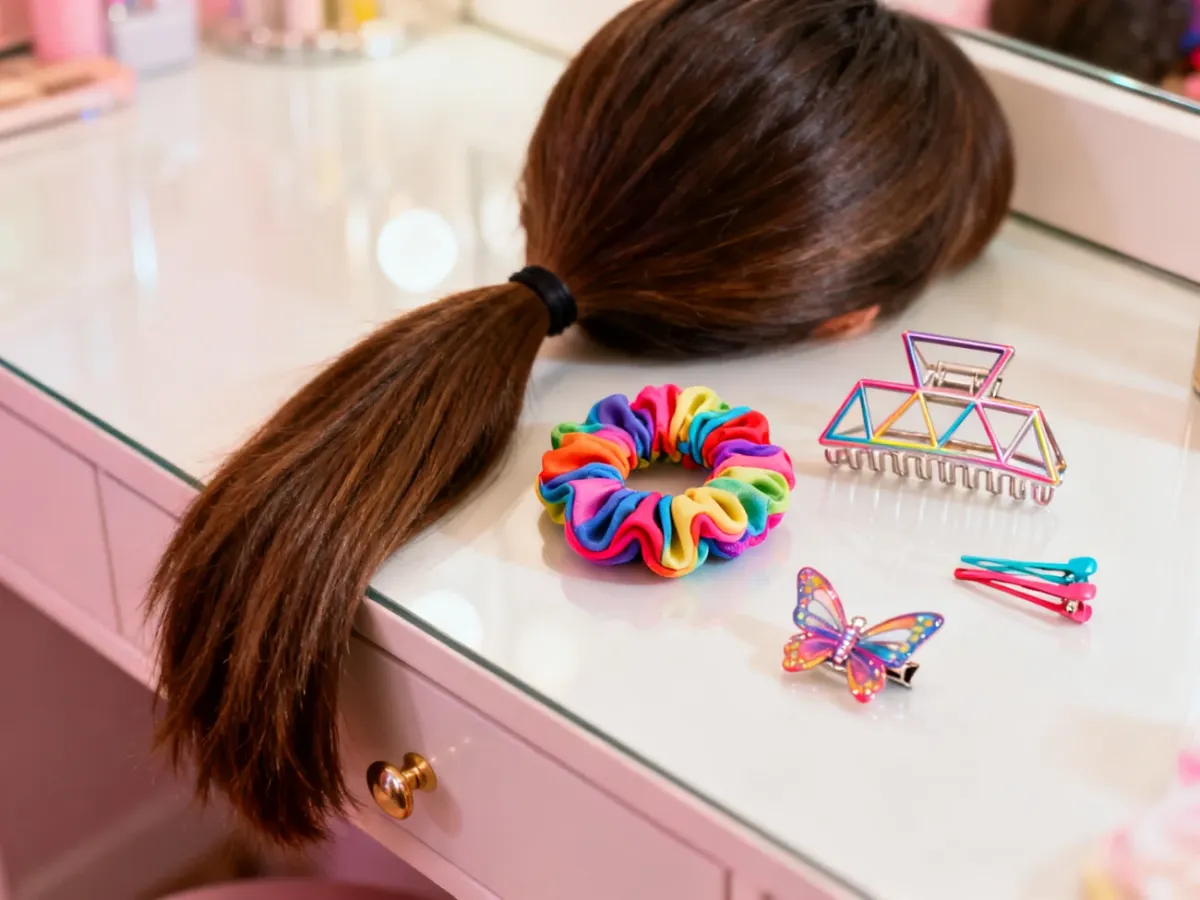 Akcesoria do włosów w stylu lat 90.: scrunchie, klamra i spinki motylki