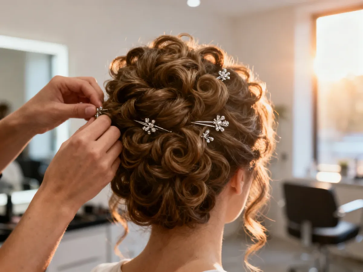 Profesjonalna stylistka tworzy eleganckie upięcie z kręconych włosów, używając ozdobnych srebrnych wsuwek.