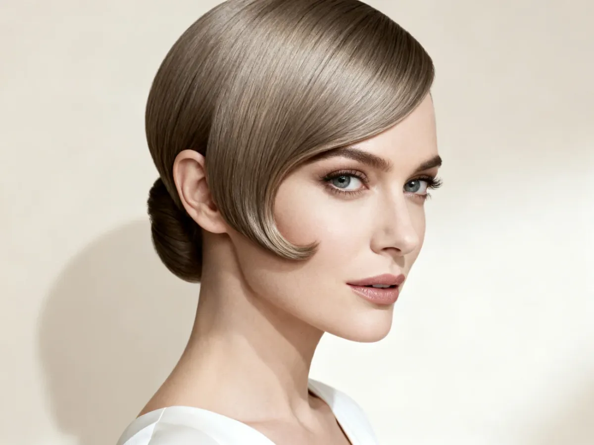 Elegancka, gładko ułożona fryzura pixie bob z przedziałkiem na boku