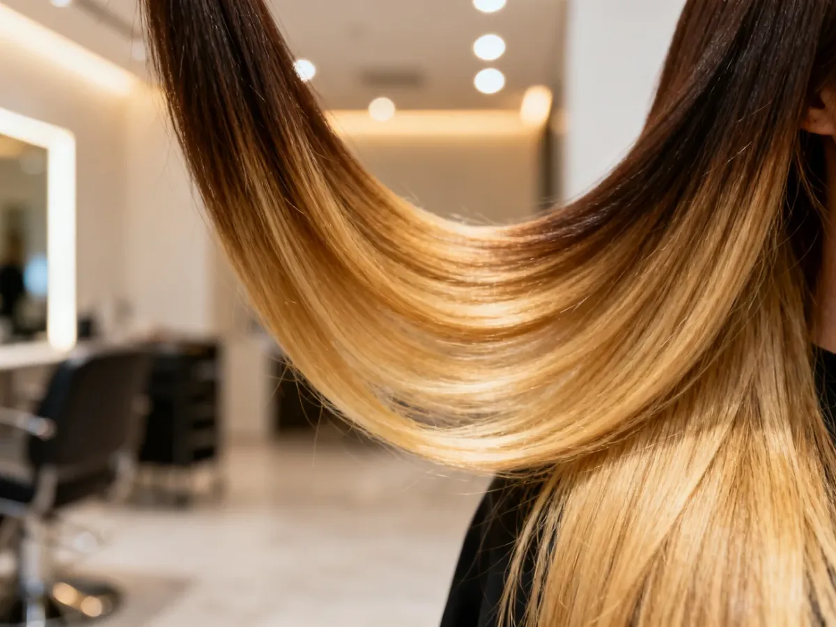 Włosy z płynnym przejściem koloru od ciemnego brązu u nasady do jasnego blondu na końcach w technice ombre.