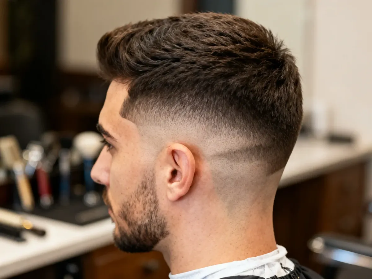 Mężczyzna prezentujący różne warianty fryzury undercut w nowoczesnym barbershopie