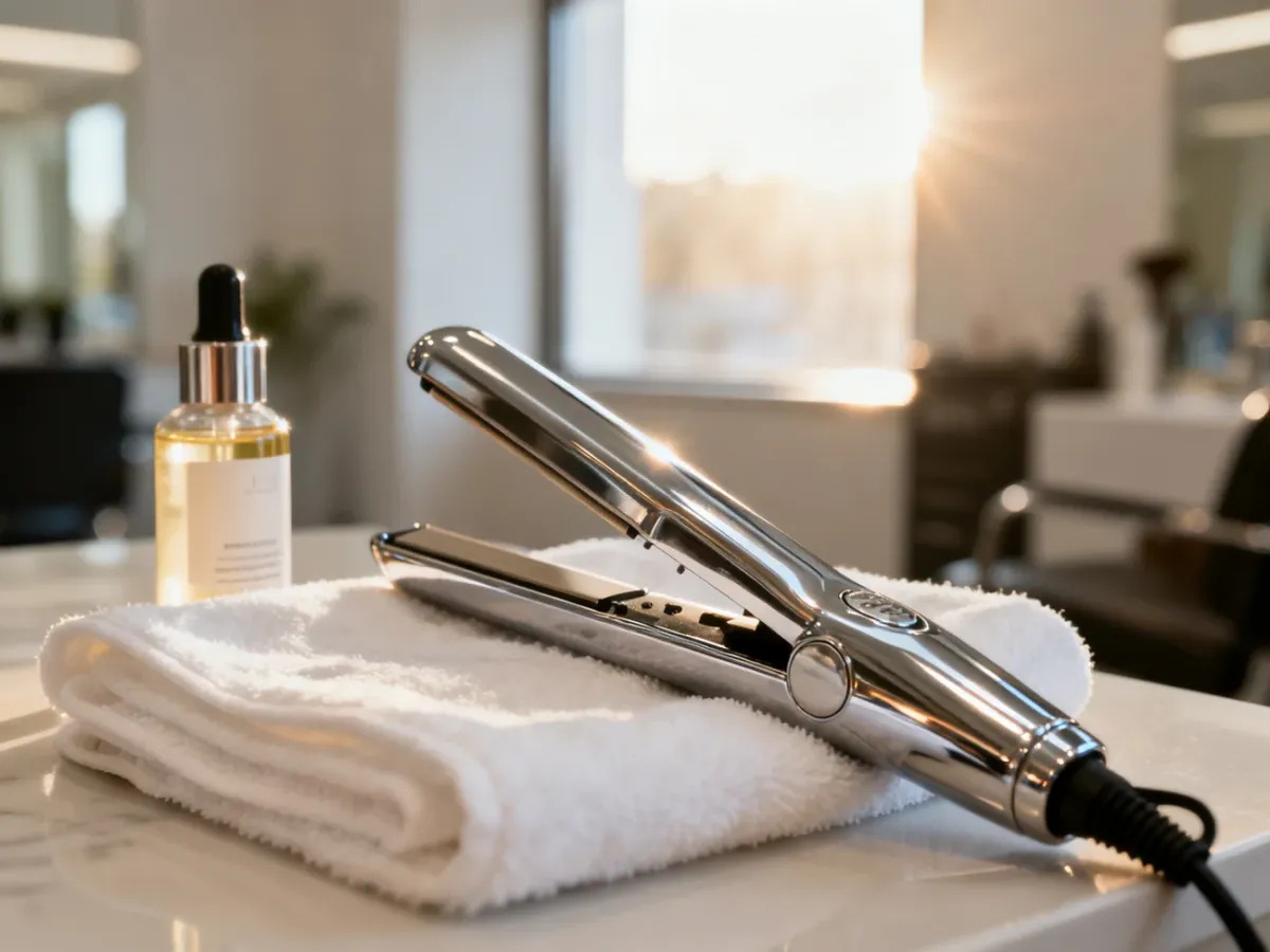 Profesjonalna prostownica i serum do włosów na białym ręczniku w nowoczesnym salonie fryzjerskim.