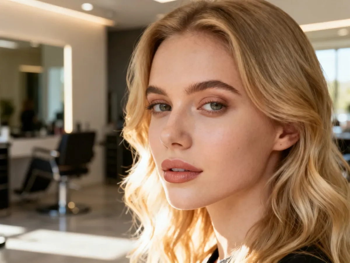 Młoda kobieta z długimi, blond falami w modnej stylizacji, prezentująca aktualne trendy fryzjerskie w salonie.