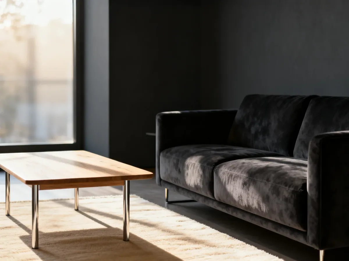 Minimalistyczny salon z ciemnoszarymi ścianami, welurową sofą i jasnym stolikiem, ukazujący elegancję szarości we wnętrzach.