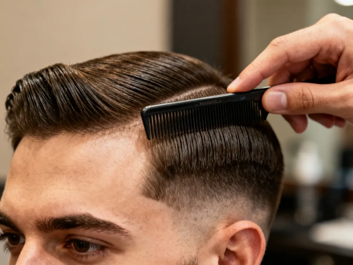 Barber wyznaczający naturalny przedziałek we włosach mężczyzny