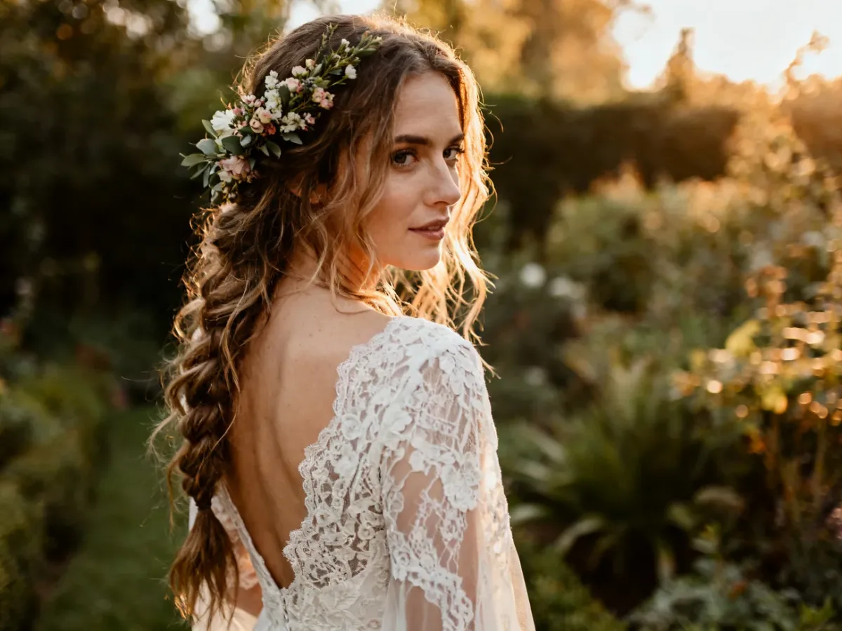 Luźne boho upięcie ślubne z warkoczem i naturalnymi kwiatami