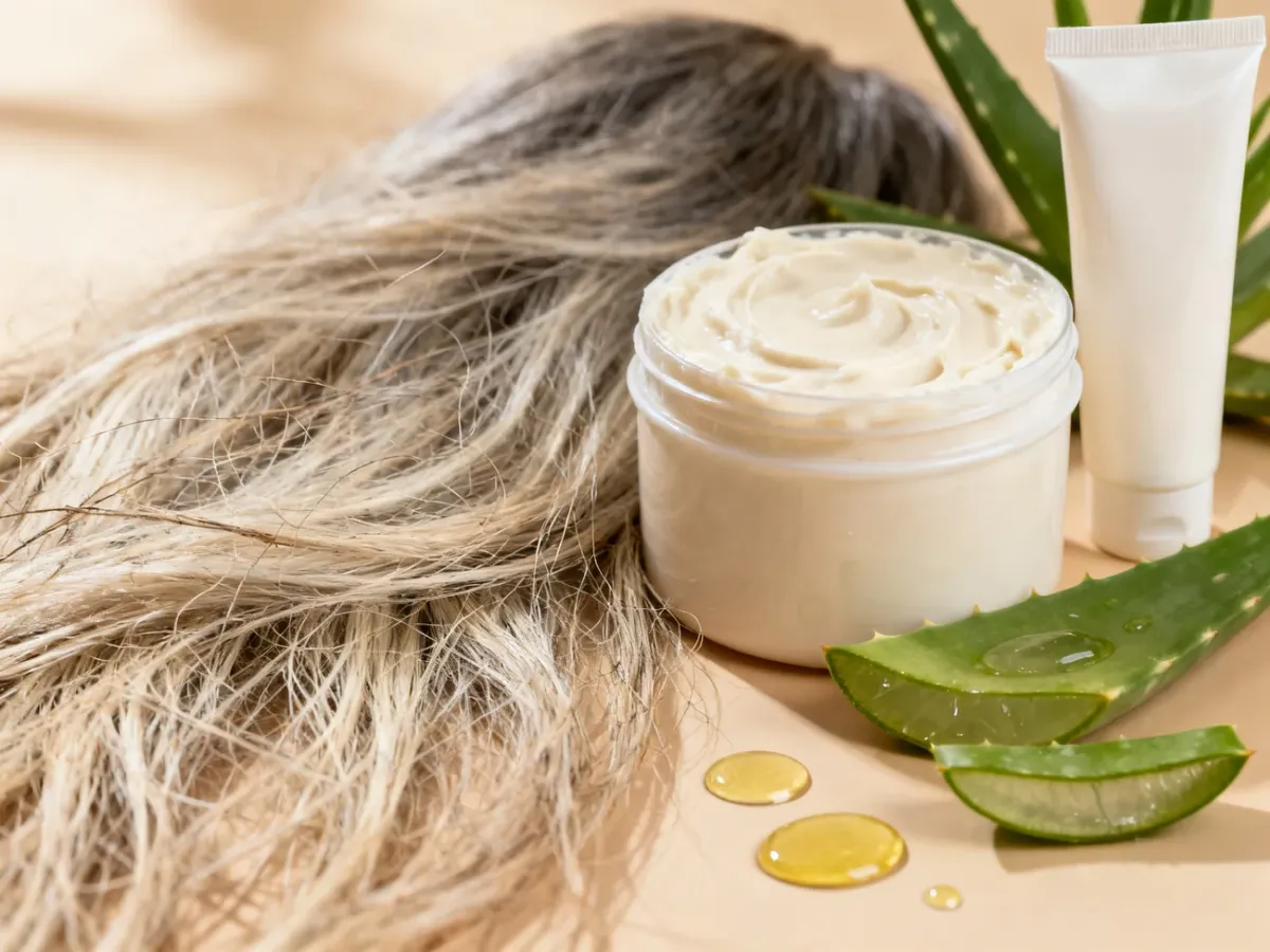 Dry damaged hair beside nourishing hair care products and moisturizing ingredients
