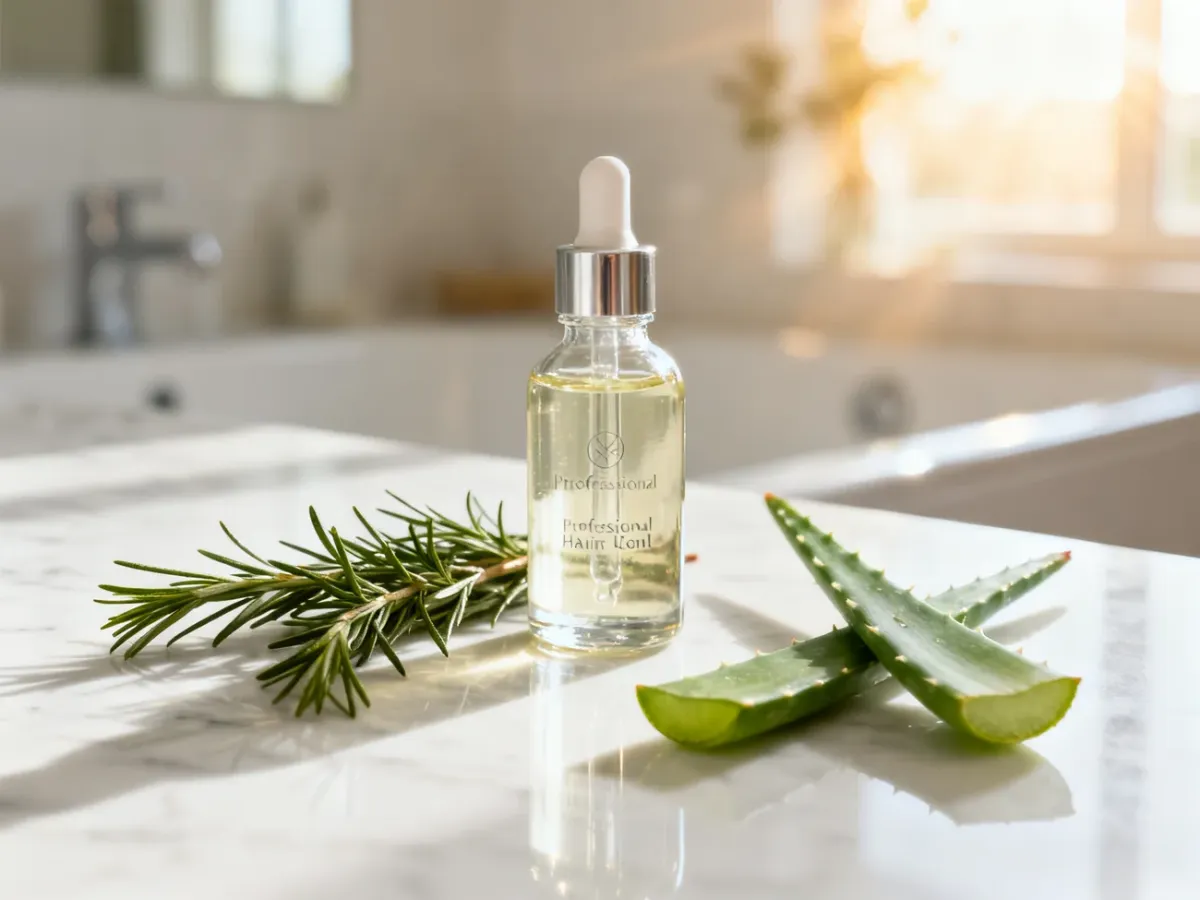 Szklana butelka profesjonalnego serum do włosów na marmurowym blacie w otoczeniu rozmarynu i aloesu.