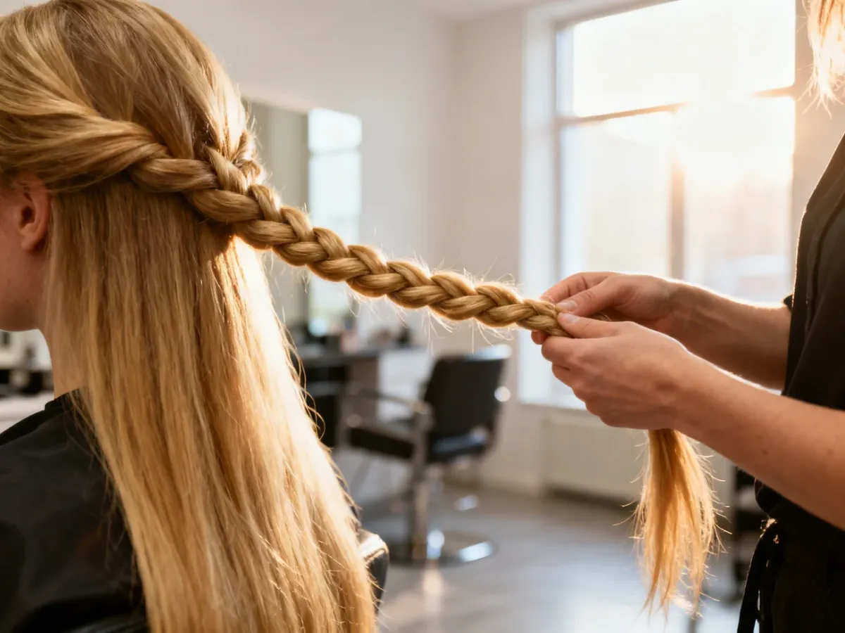 Dłonie stylisty zaplatające długie blond włosy w precyzyjny warkocz na bok w jasnym, nowoczesnym salonie fryzjerskim.