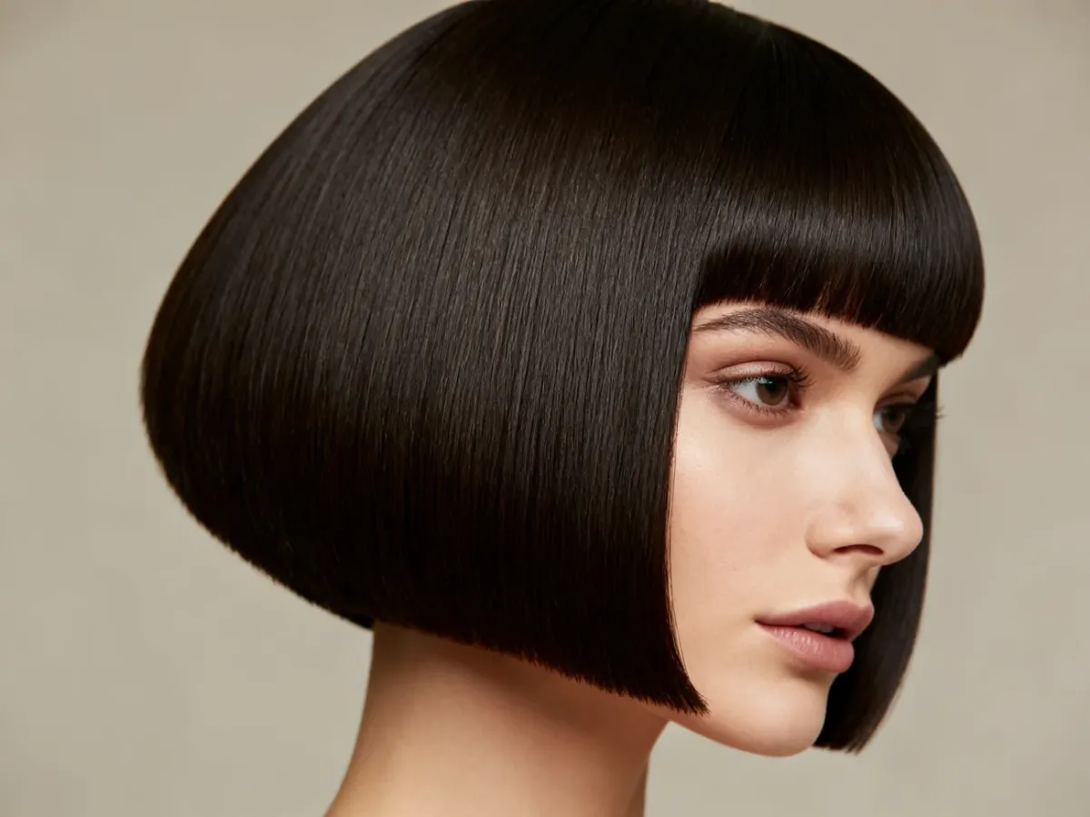 Gładki blunt bob z prostą grzywką i wyraźną równą linią cięcia