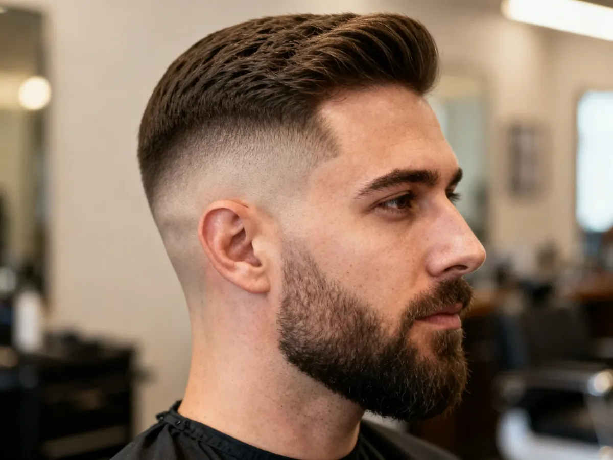 Mężczyzna z nowoczesną fryzurą skin fade i dłuższą, teksturowaną górą
