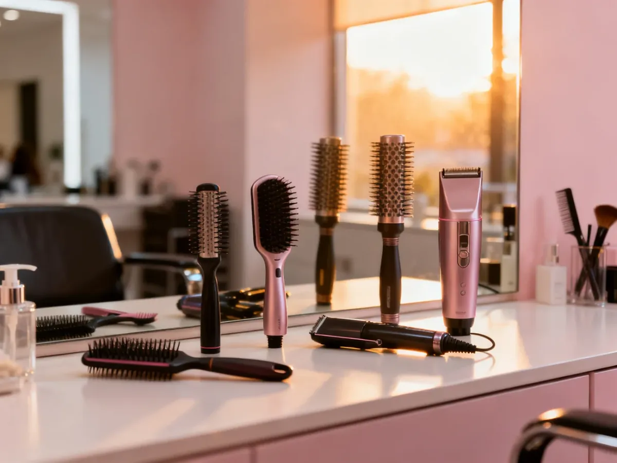Profesjonalne akcesoria fryzjerskie na minimalistycznej toaletce w nowoczesnym salonie, gotowe do stylizacji fryzury typu bob.