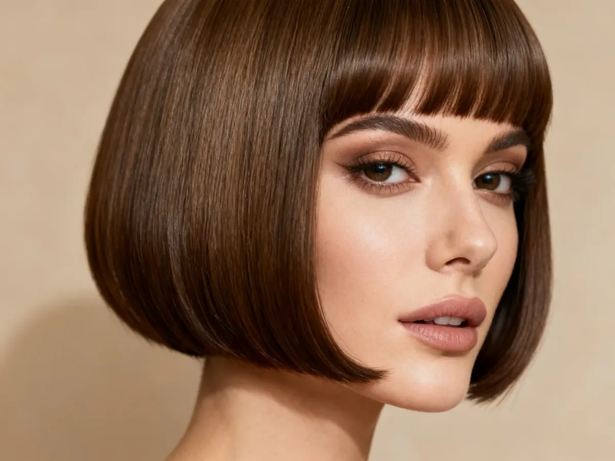 Kobieta w peruce z delikatną grzywką curtain bangs