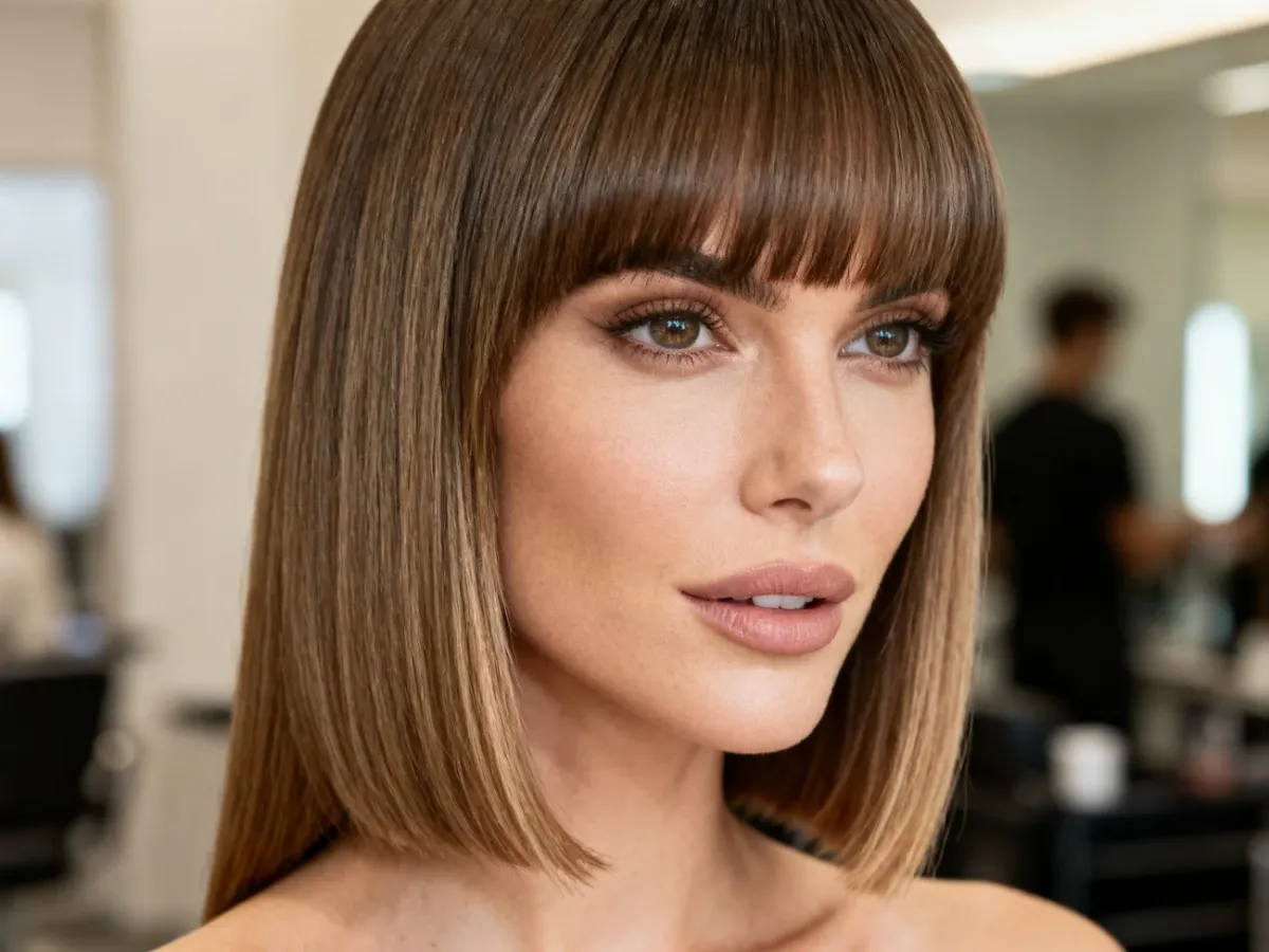 Gładki long bob z miękką grzywką curtain bangs