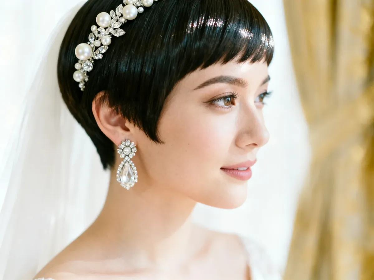 Gładkie pixie cut z perłami i kryształkami