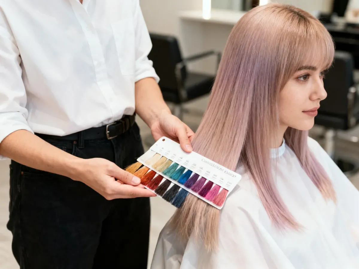 Paleta kolorów tonera do włosów prezentowana w salonie fryzjerskim