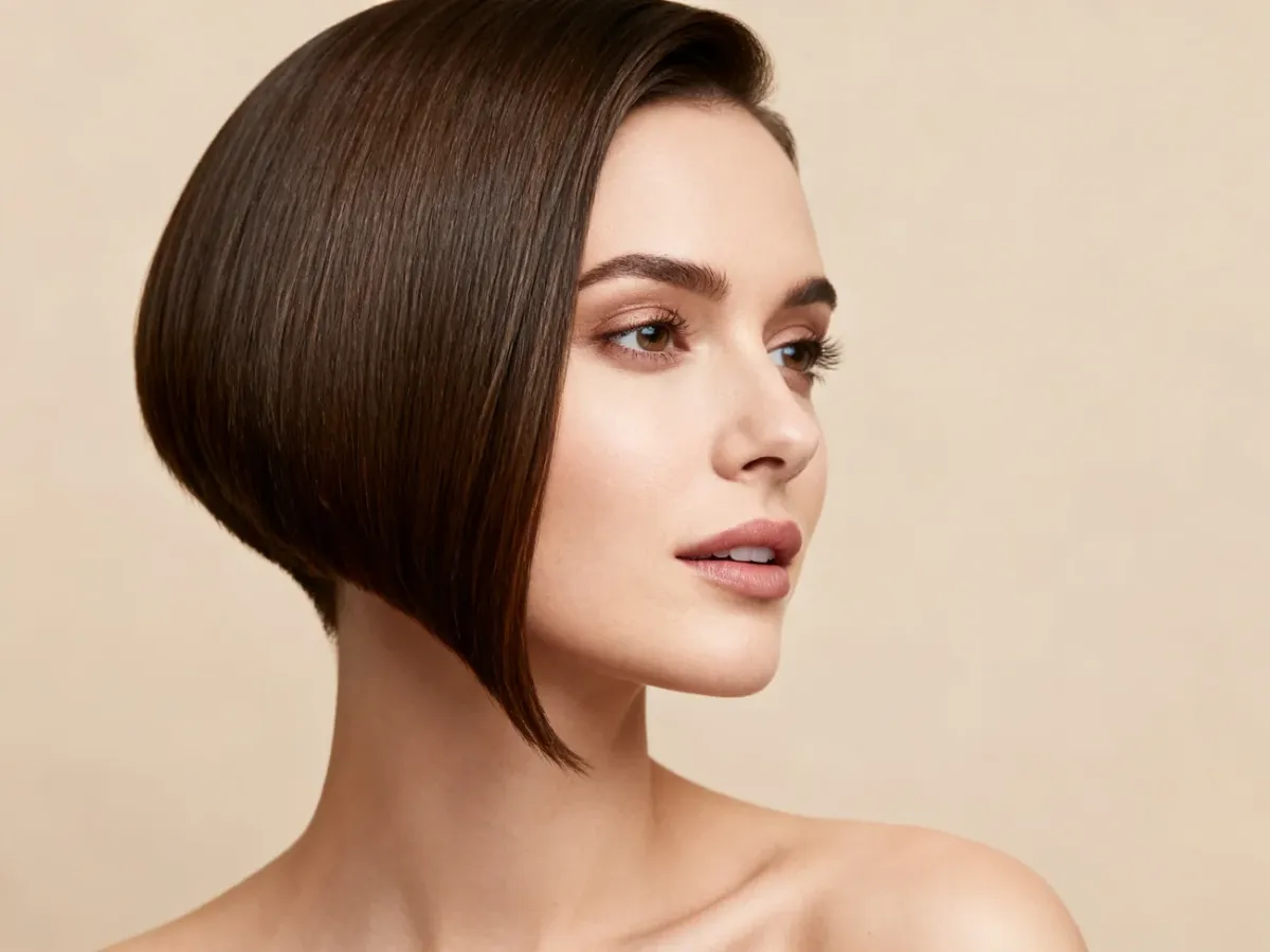 Elegancko wygładzona fryzura pixie cut z grzywką zaczesaną na bok