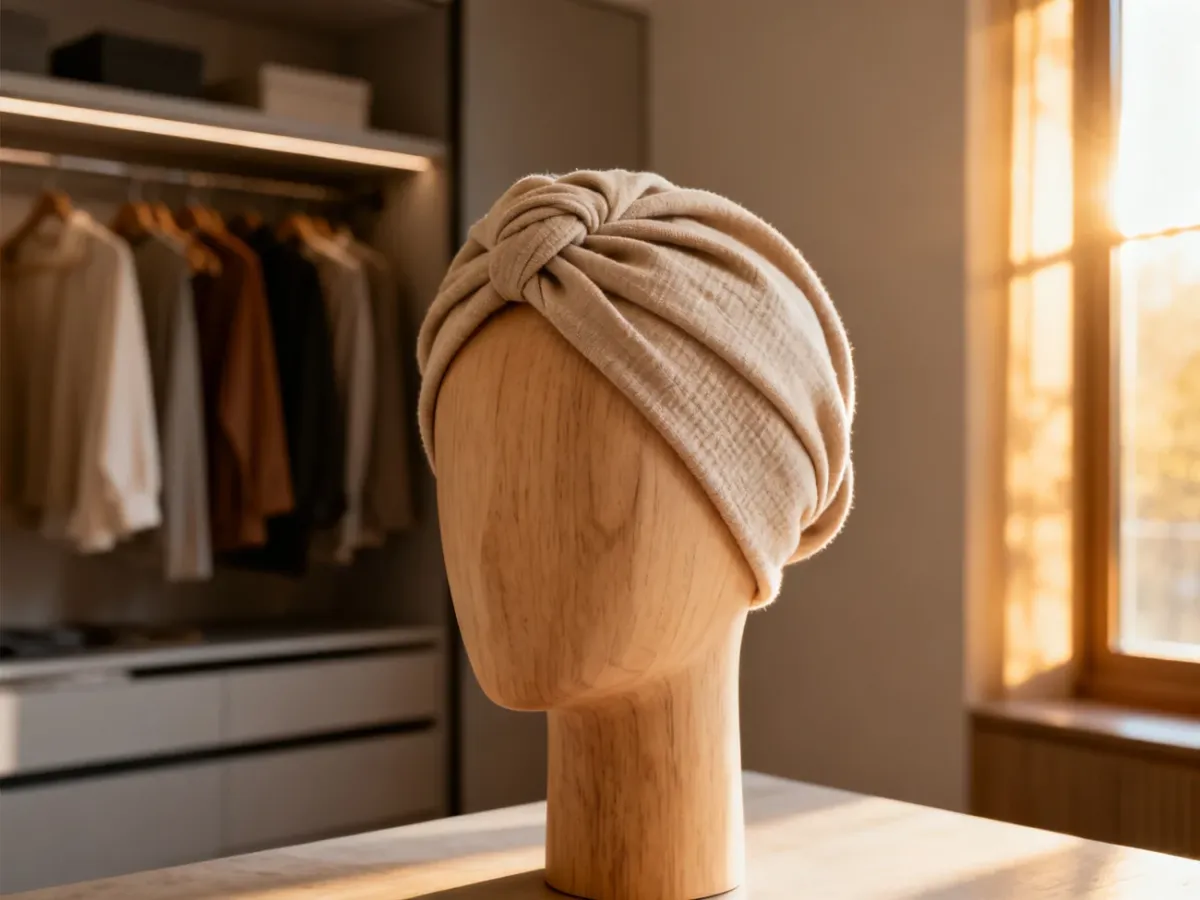 Beżowa opaska typu turban na drewnianym manekinie w przytulnym, słonecznym wnętrzu garderoby.
