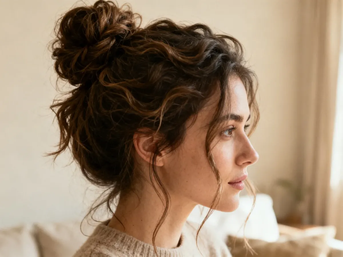 Luźny messy bun z falowanymi, wyciągniętymi pasmami