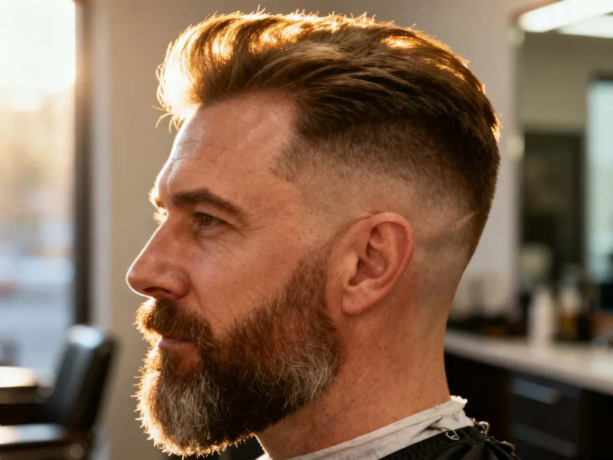 Zadbana broda z precyzyjnie wyciętymi konturami i modnym cieniowaniem w profesjonalnym salonie fryzjerskim.