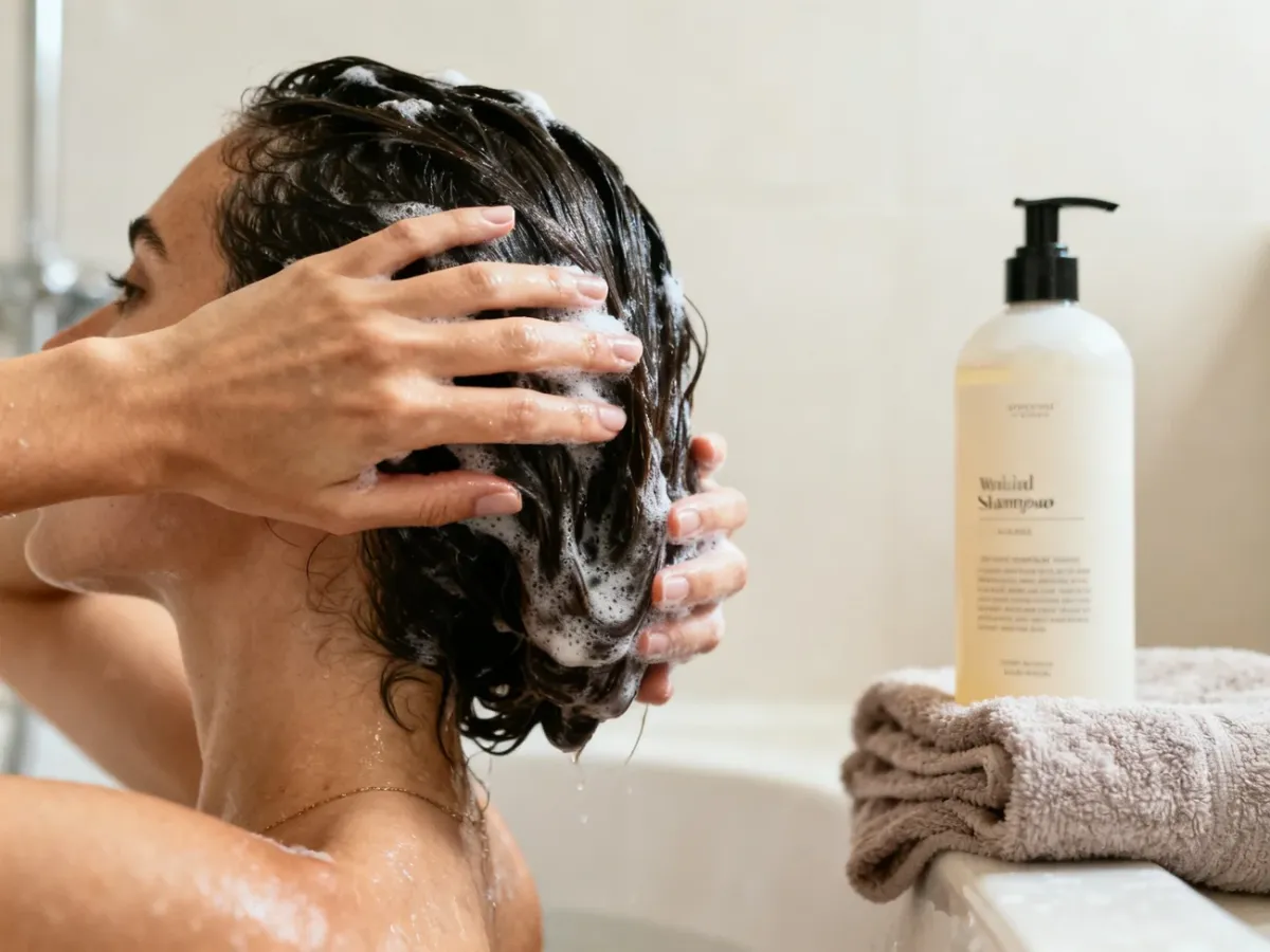 Woman gently massaging her scalp during hair washing