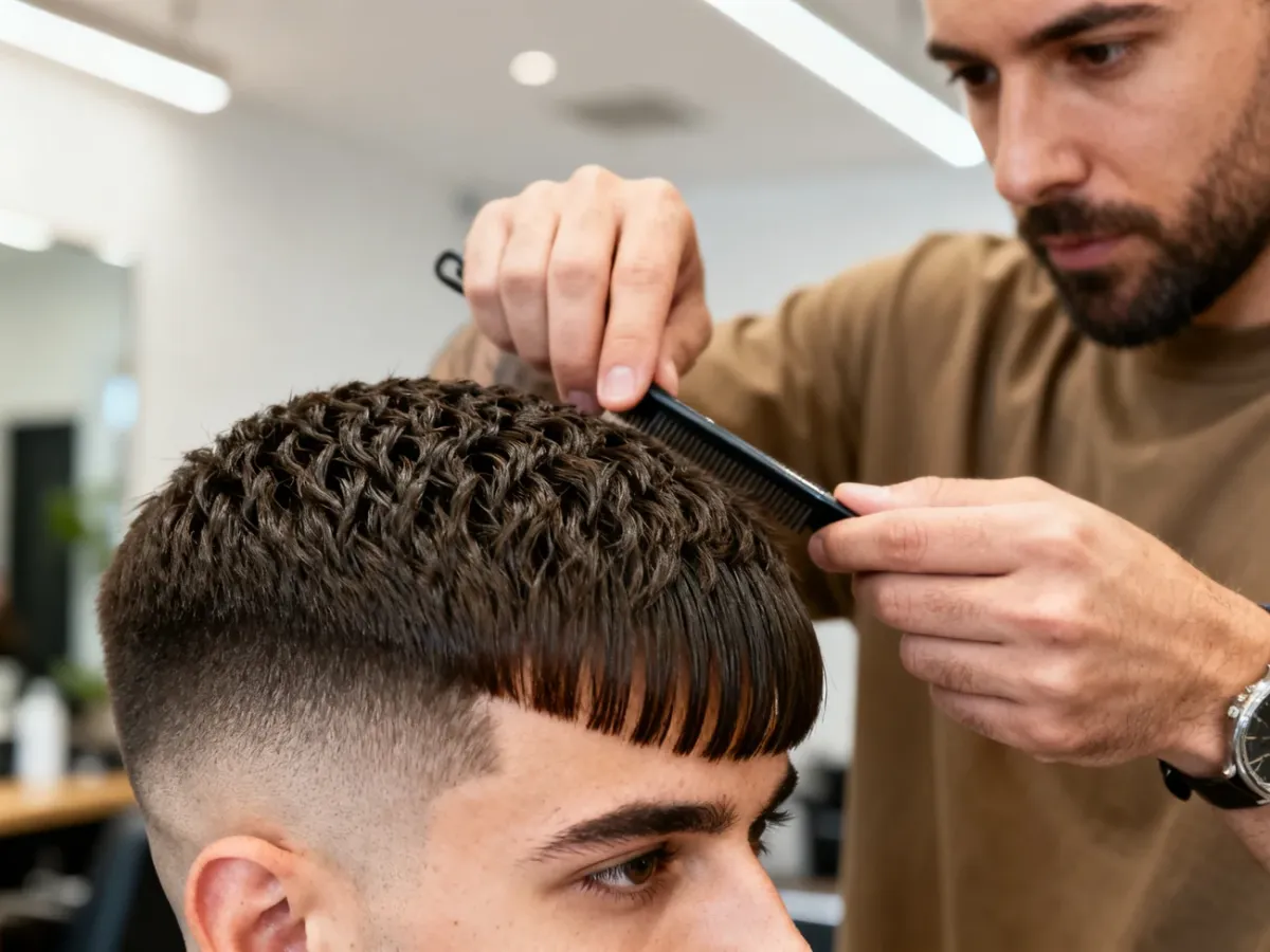 Barber dopasowujący teksturowaną fryzurę crop do kształtu twarzy klienta