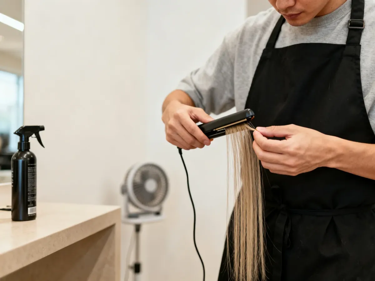 Stylist carefully straightening thin hair in a well-ventilated salon