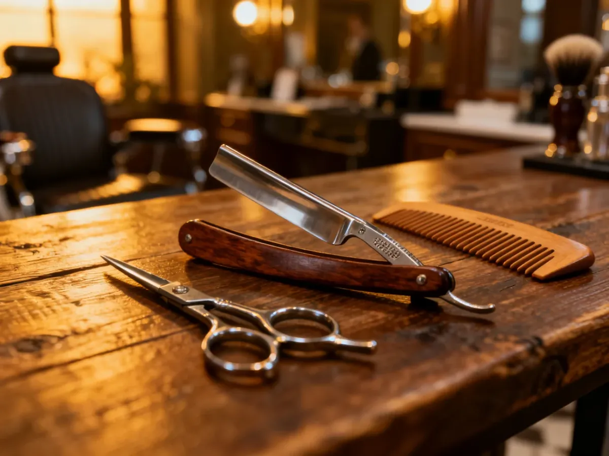 Profesjonalne narzędzia barberskie, takie jak brzytwa, grzebień i nożyczki, ułożone na drewnianym stole w salonie fryzjerskim.