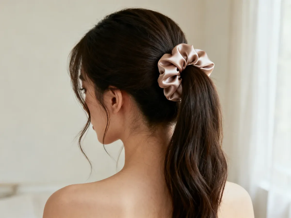 Wysoki kucyk ozdobiony dużą satynową scrunchie