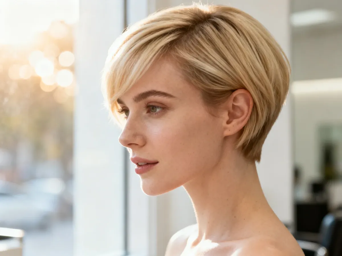 Kobieta z modną, krótką blond fryzurą o wyraźnej teksturze, prezentująca nowoczesne cięcie w jasnym salonie fryzjerskim.