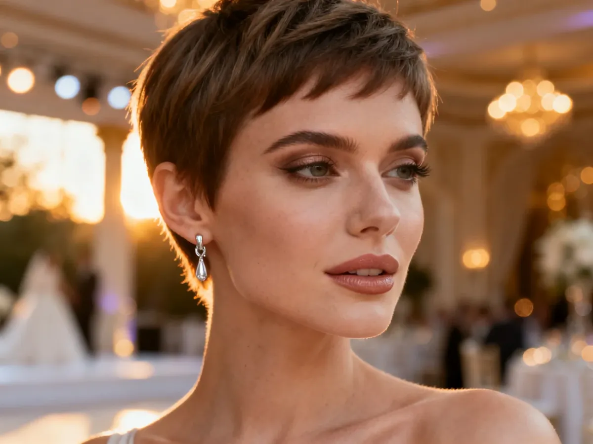 Elegancka kobieta z nowoczesną fryzurą typu pixie, idealną na wesele, w otoczeniu luksusowej sali weselnej.
