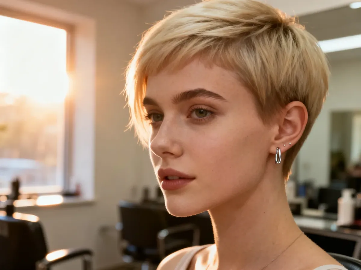 Modna, jasna fryzura typu pixie u młodej kobiety w profesjonalnym salonie fryzjerskim.