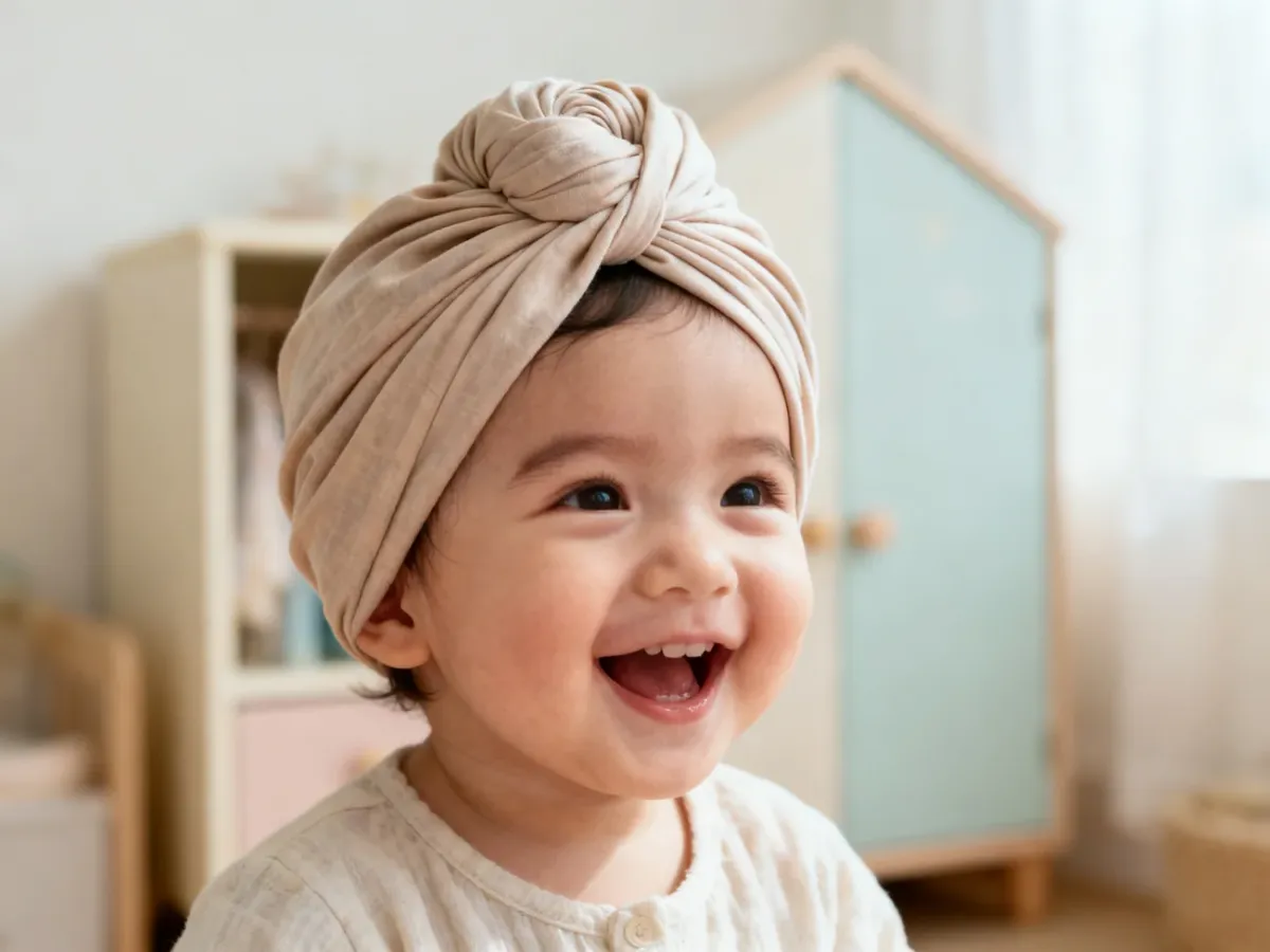 Dziecko w ozdobnym turbanie ochronnym