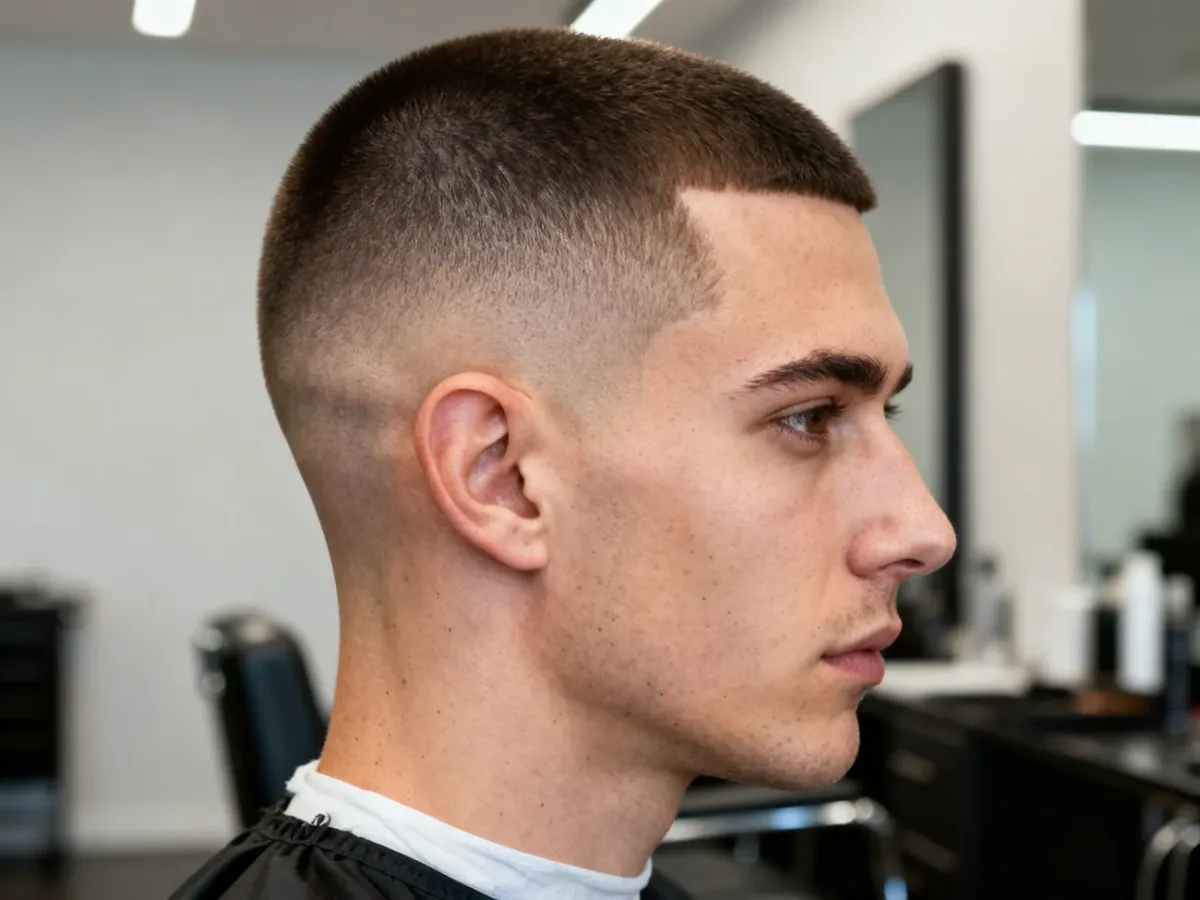 Mężczyzna z bardzo krótkim cięciem Buzz Cut