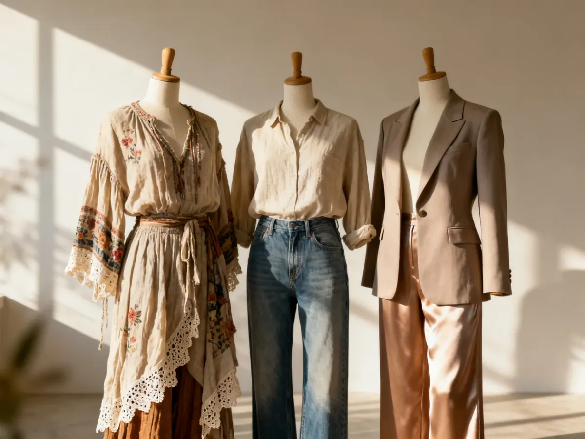 Trzy manekiny prezentujące styl boho, casual oraz elegancki w jasnym, minimalistycznym studiu.