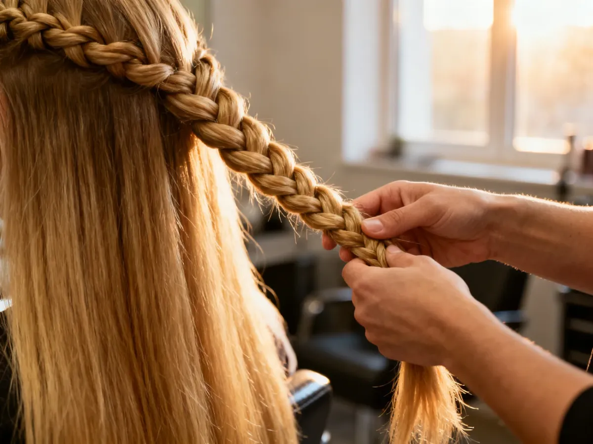 Profesjonalne dłonie zaplatające gęste, blond włosy w ciasne warkocze bokserskie w salonie fryzjerskim.