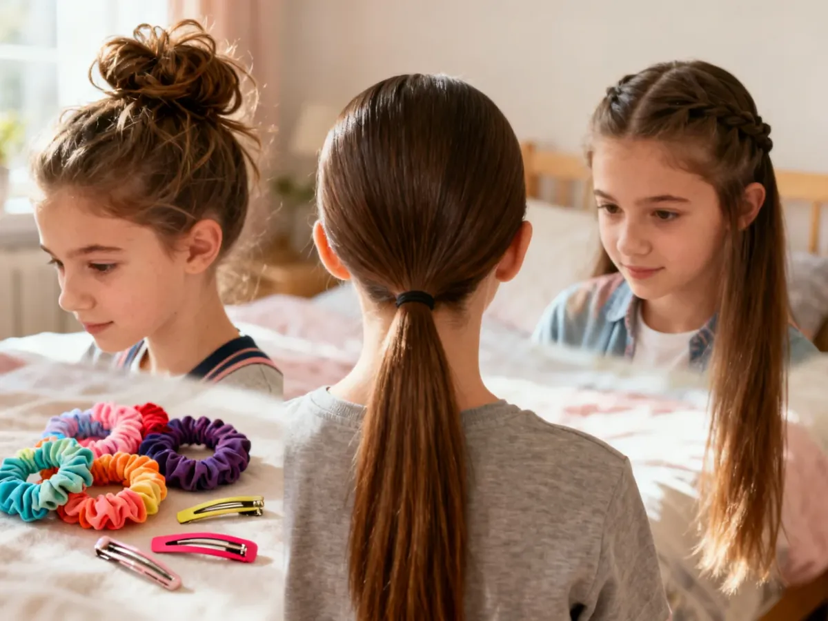 Trzy szybkie fryzury do szkoły: luźny kok, gładki kucyk i half-up