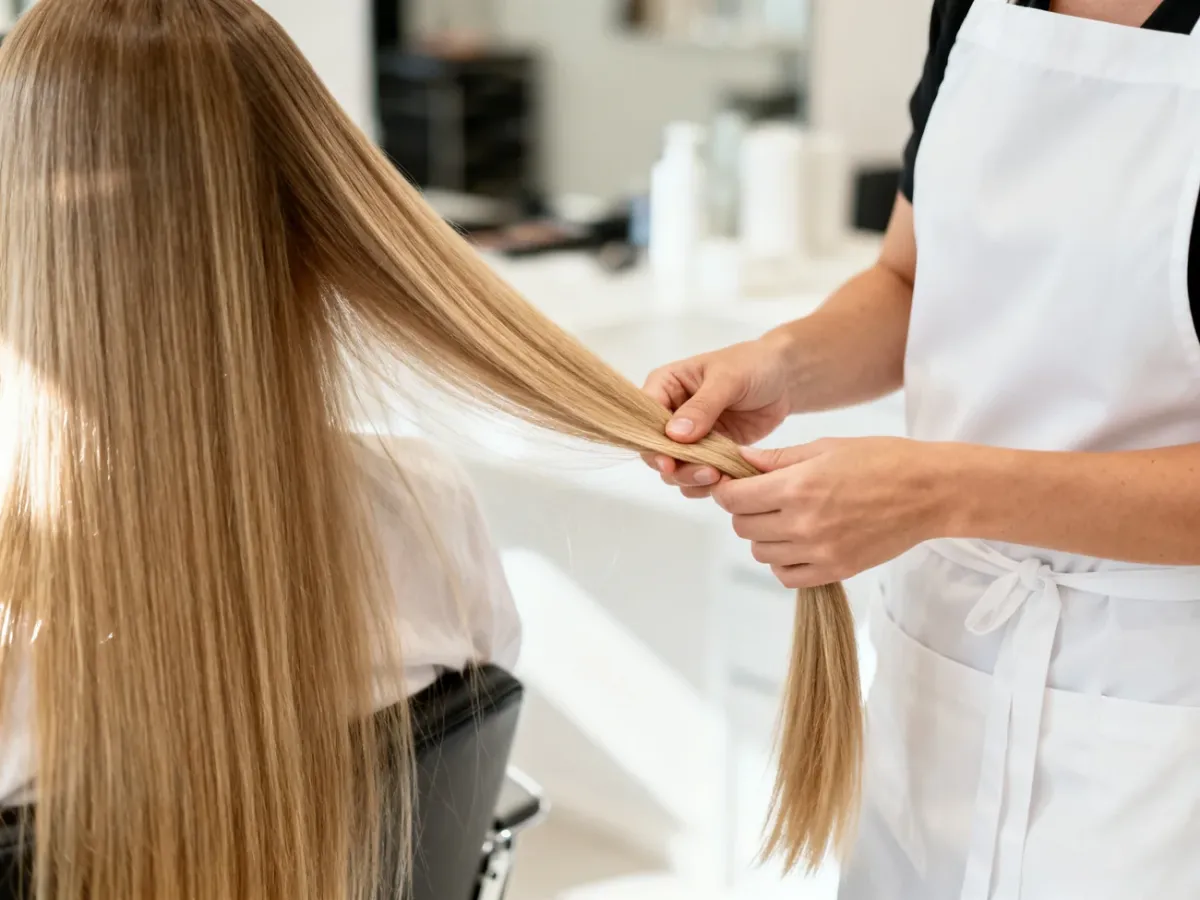 Stylistka dopasowująca słowiańskie włosy do delikatnych naturalnych pasm klientki