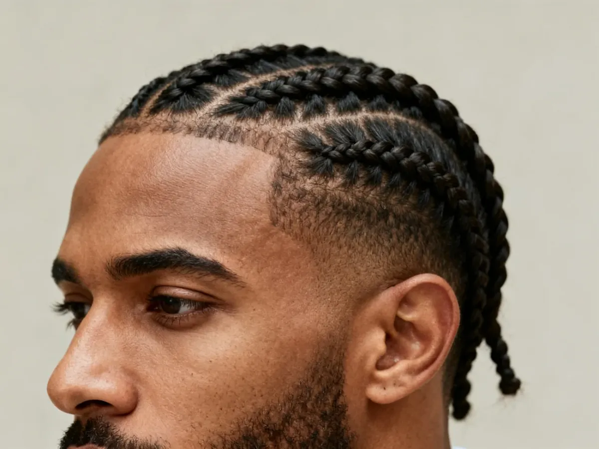 Mężczyzna z równymi warkoczykami bokserskimi typu cornrows