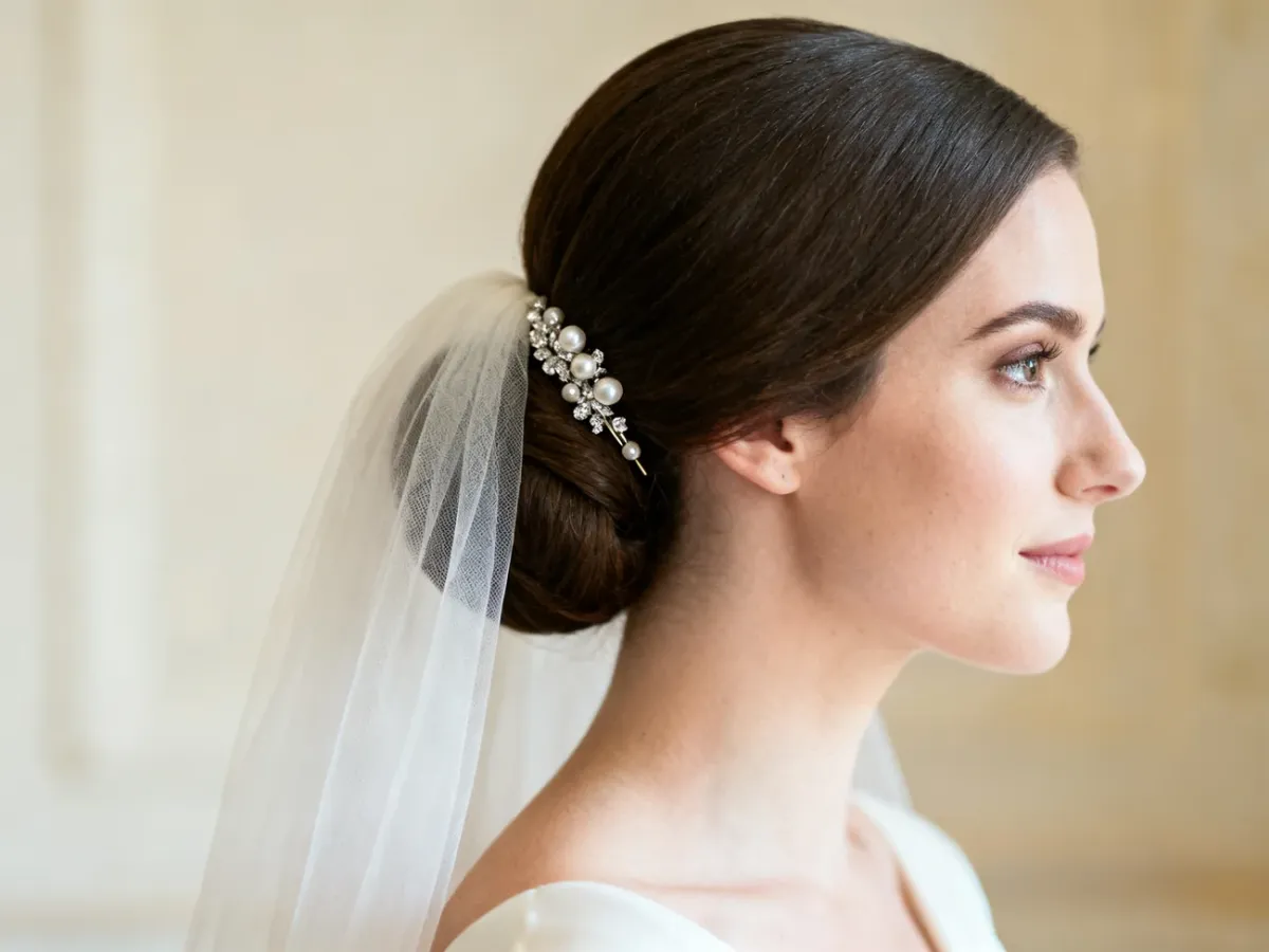 Zbliżenie eleganckiego koka panny młodej z delikatnie wpiętym welonem