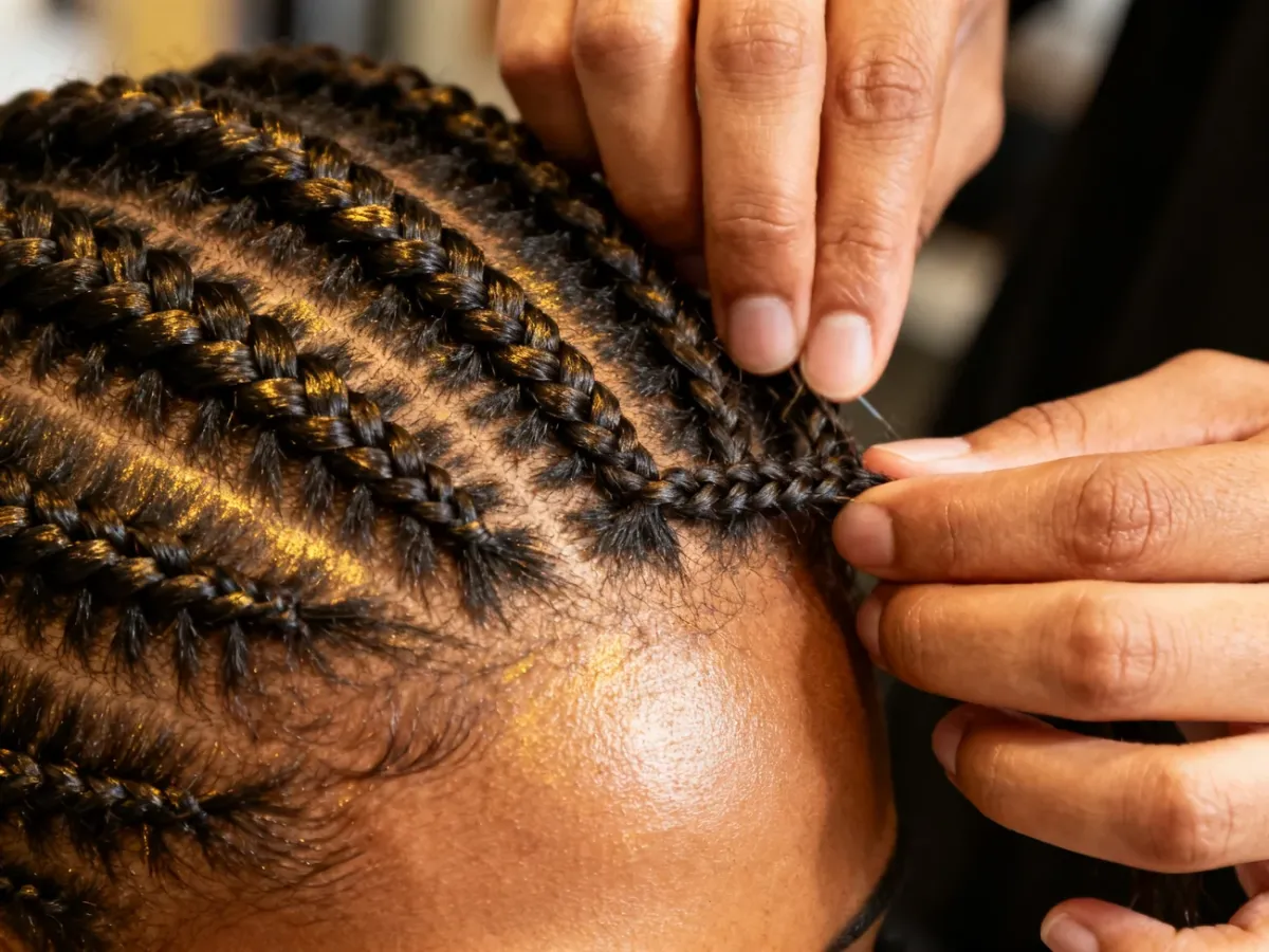 Dłonie zaplatające równe cornrows blisko skóry głowy