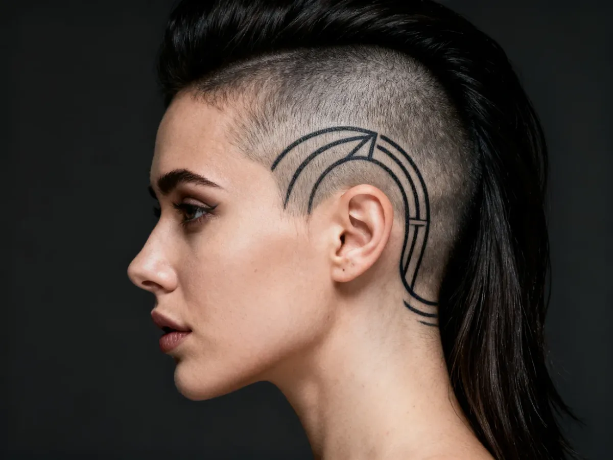 Geometryczny wzór hair tattoo na wygolonej partii głowy