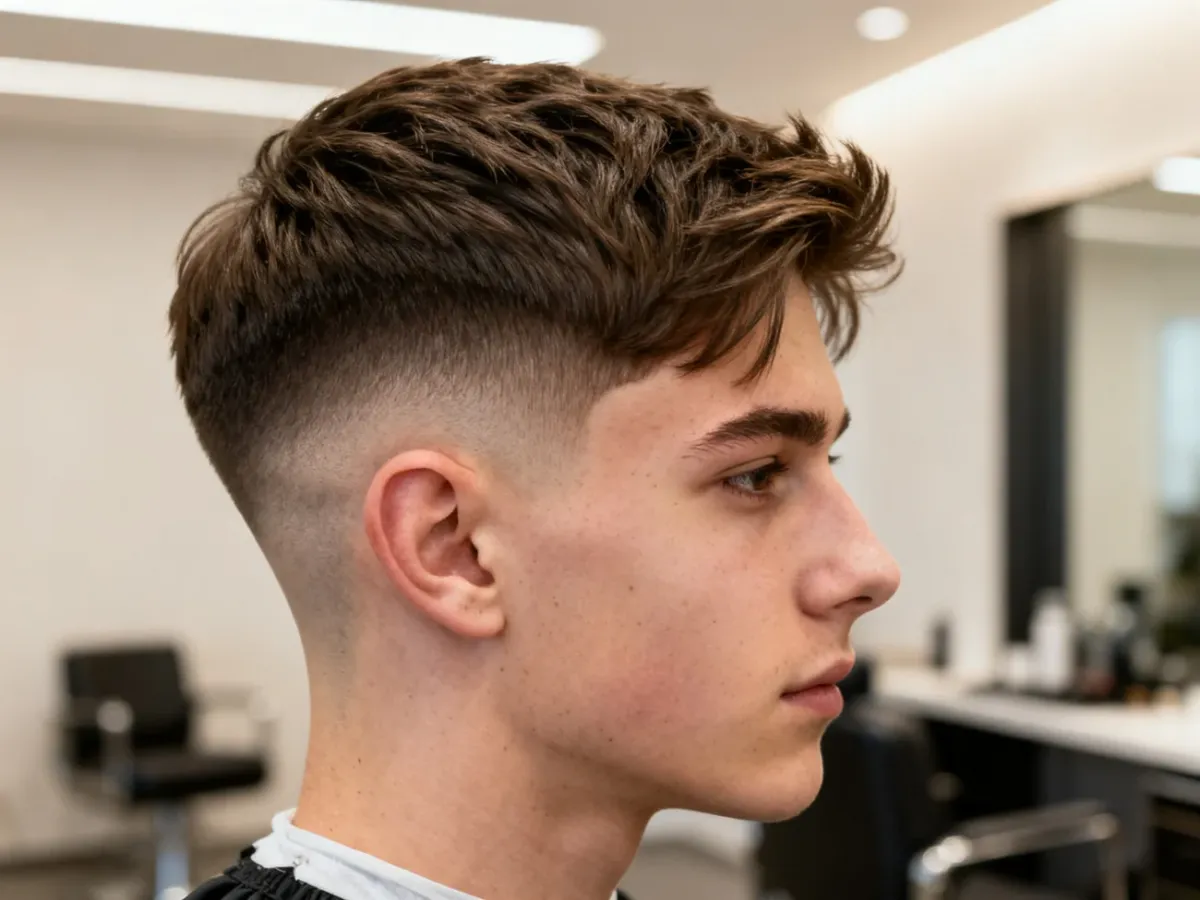Mężczyzna z naturalnym low taper fade i dłuższymi, teksturowanymi włosami na górze