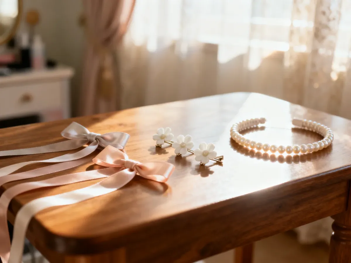 Stół z dziecięcymi akcesoriami do włosów, takimi jak wstążki, kwiatowe spinki i opaska z perłami, gotowy do stylizacji.