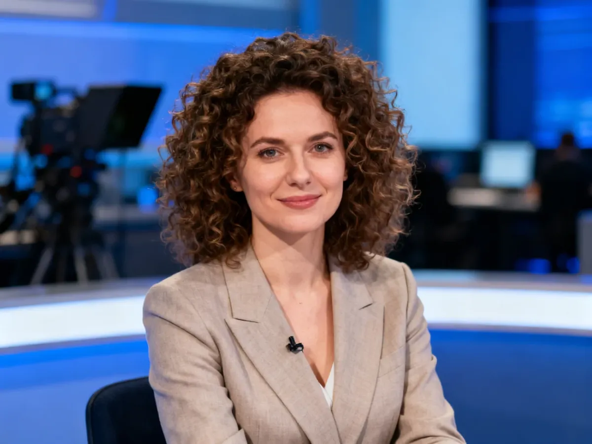 Dziennikarka telewizyjna z naturalnymi kręconymi włosami w studiu informacyjnym