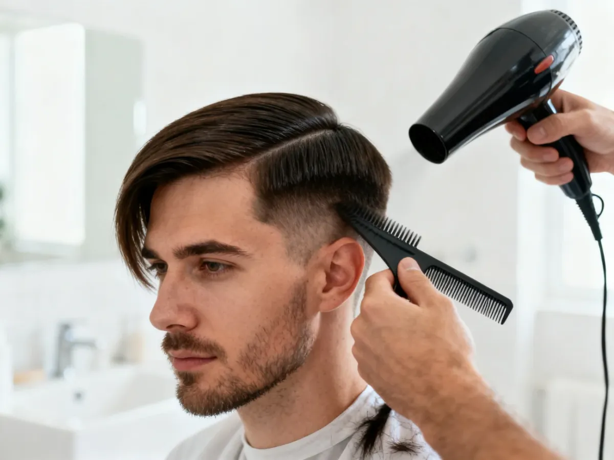 Stylizacja fryzury side part za pomocą suszarki i grzebienia