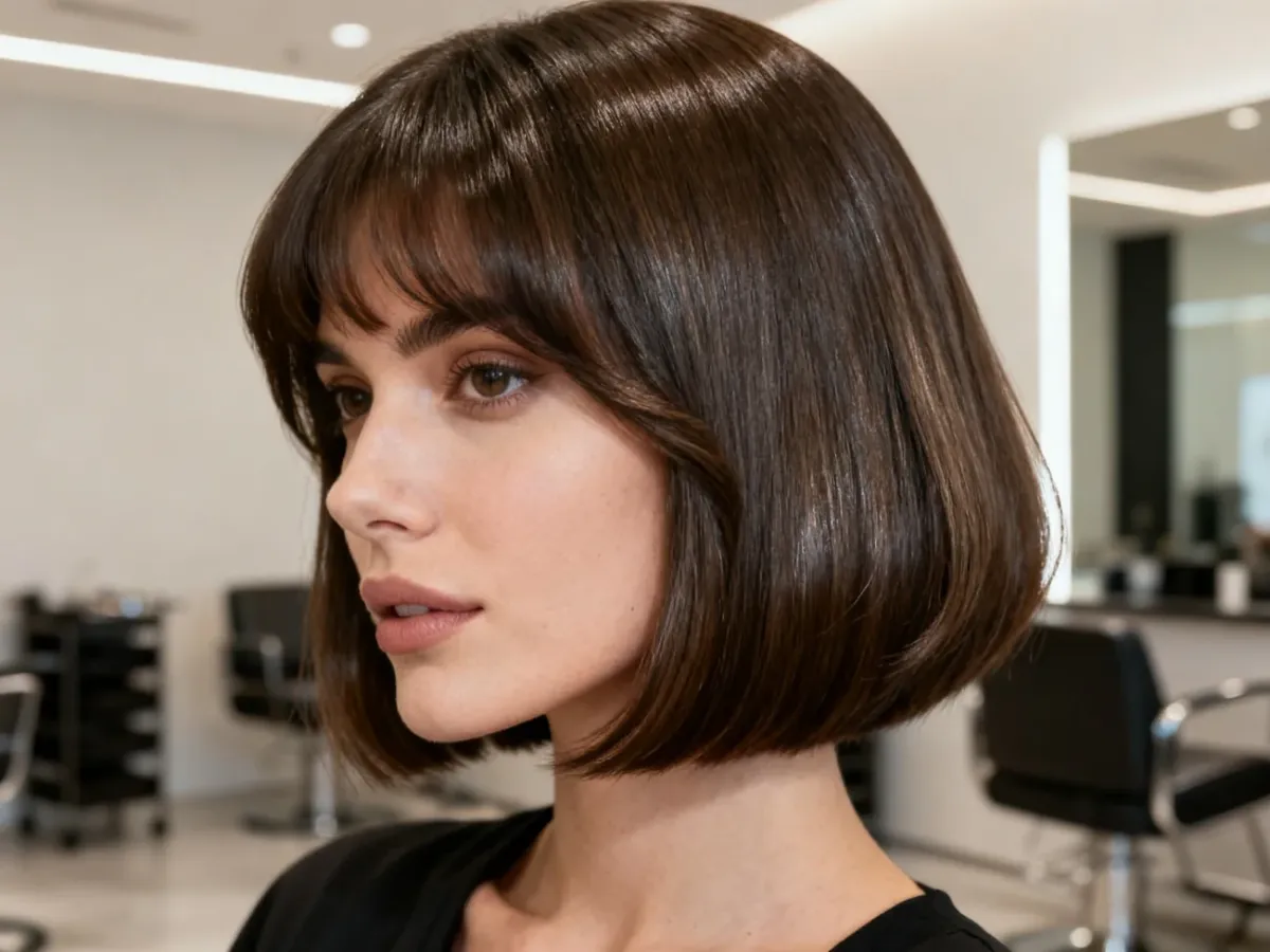 Kobieta z fryzurą bob do brody w eleganckim salonie fryzjerskim