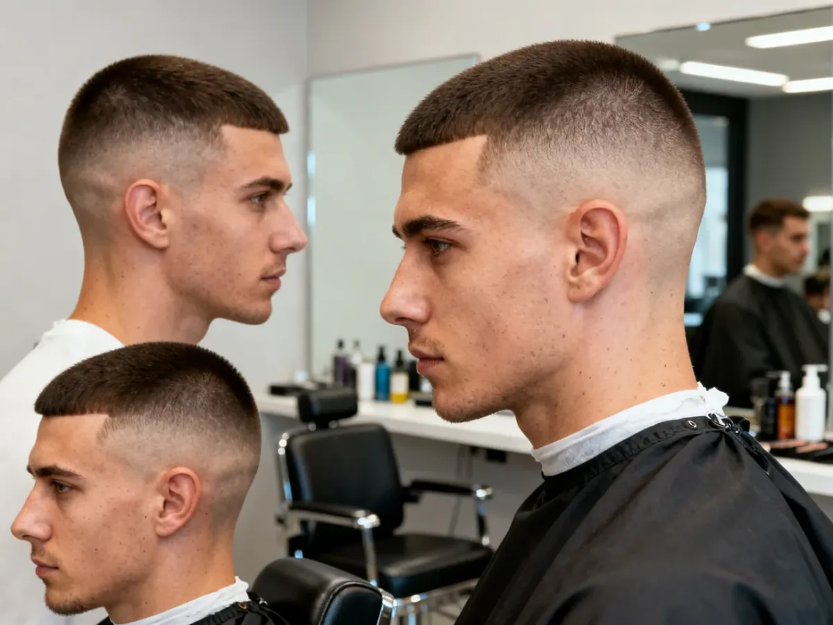 Mężczyźni prezentujący różne warianty fryzury buzz cut i fade