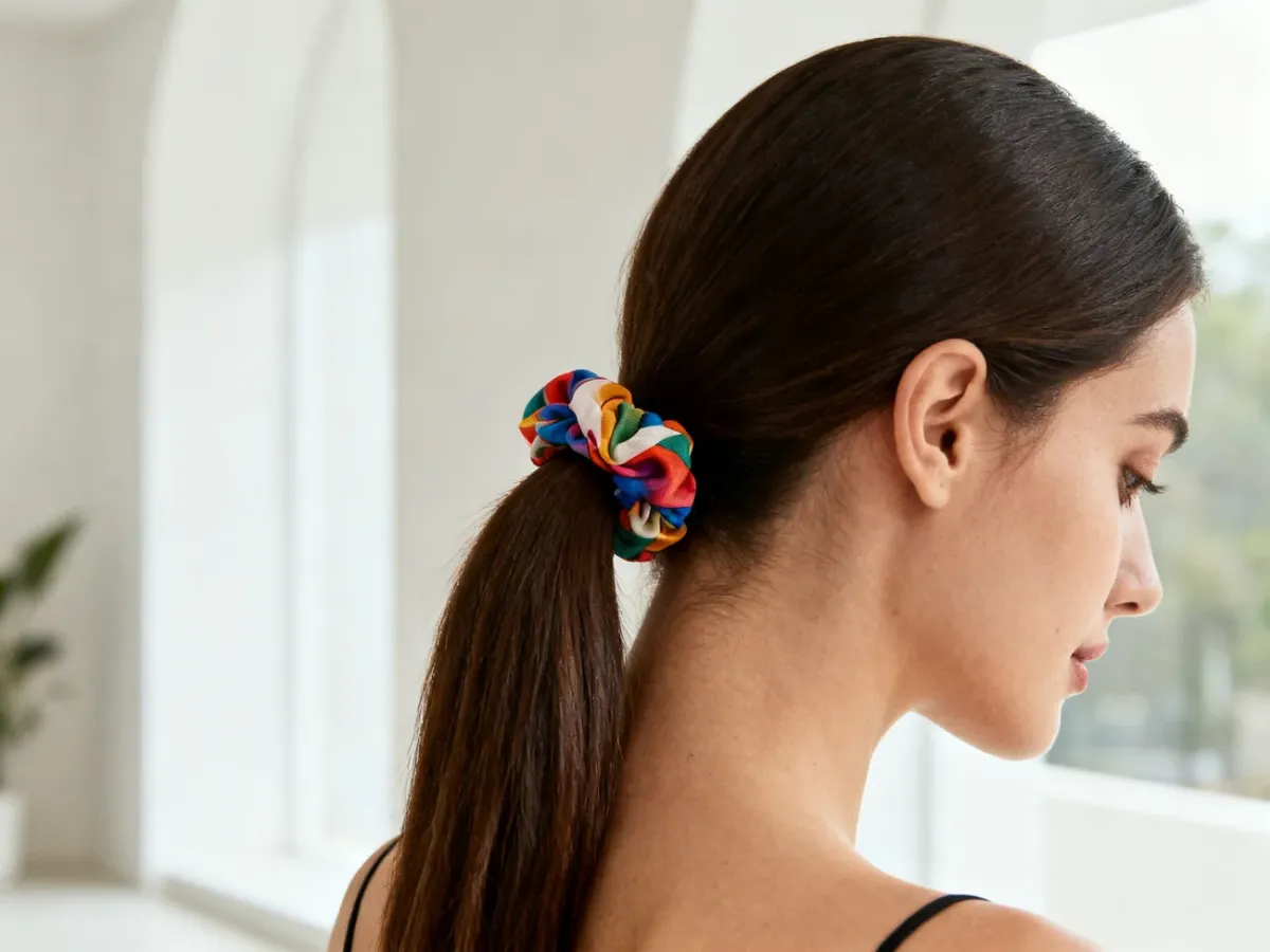 Wysoki kucyk ozdobiony materiałową scrunchie